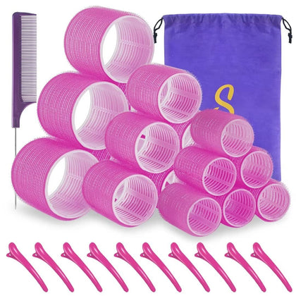 Self Grip Hair Rollers Set, 18 Rollers in 3 Sizes with Clips | Includes 10 Clips, Rat Tail Comb and Storage Bag; Adds