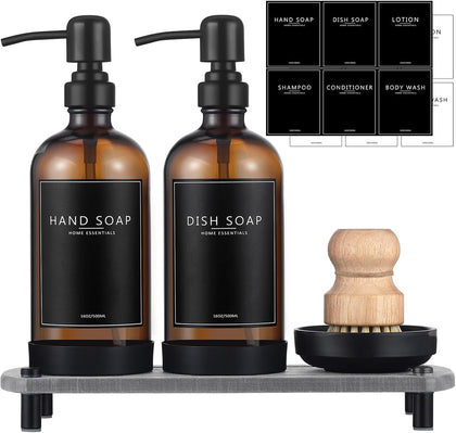 Kitchen Soap Dispenser Set with Instant Dry Tray,16 Oz Hand and Dish Soap Amber Glass Dispenser Set,Stainless Steel
