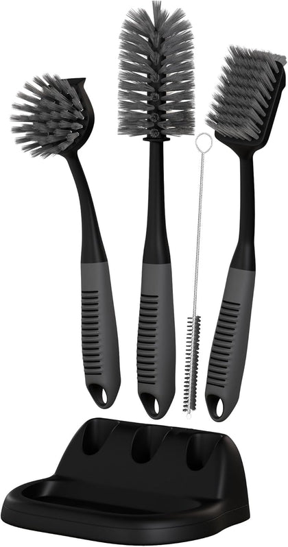 Dish Brush Set of 5 with Holder - Kitchen Scrub Brushes with Non-Slip Long Handle for Cleaning, Scrubber
