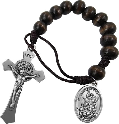 Saint Benedict Medal Crucifix One Decade Pocket Rosary Wood Bead