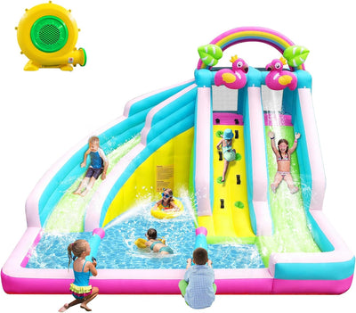 Inflatable Water Slide, 6 in 1 Blow Up Water Park Aged 3-10, Flamingo Style Water Bounce House with Double Long