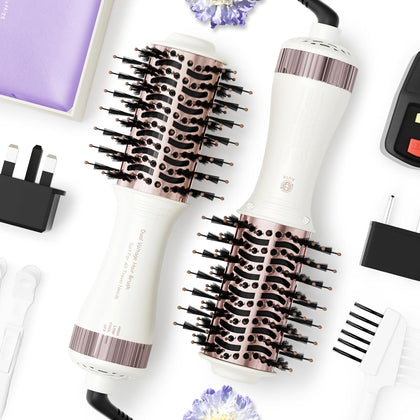 Travel Dual Voltage Hair Dryer Brush 4-IN-1 Portable Mini Hot Air Blow Dryer Straightener & Curler Brush, Titanium