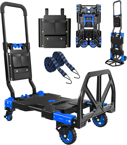 Folding Hand Truck, 2 in 1 Portable Heavy Duty Carrying Moving Dolly Cart with 4 Foldable Wheels and Retractable