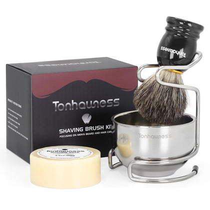 Shaving Brush Kit for Men, 4 in 1 Shaving Brushes Set Includes Badger Hair Shave Brush, Stainless Steel Shaving