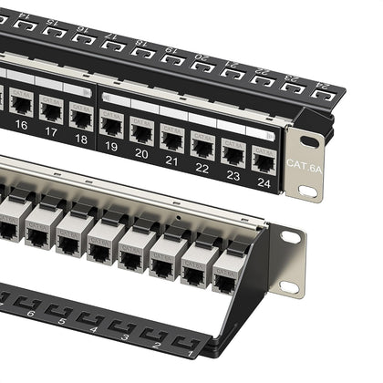 10Gbps 1U 24-Port Cat6A Ethernet Patch Panel | 19-Inch, Inline Keystone, Cable Management Bar, Rackmount or Wall