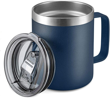 12 oz Insulated Travel Coffee Mug with Handle, Navy | Stainless Steel Coffee Tumbler with Lid, Double Wall Vacuum