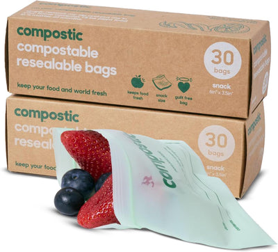 Compostable Snack Bags, 60 Ct, Resealable Zip Snack Baggies