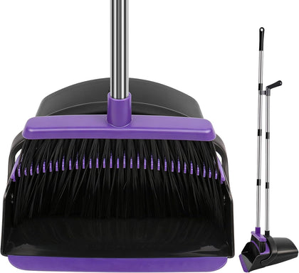 Broom and Dustpan Set, Upright Purple Broom with Dustpan Combo Set 51" Long Handle, Self Cleaning Dust Pan for Home