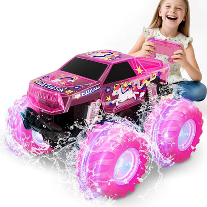 Pink Monster Truck, Unicorn Remote Control Car, 4WD All Terrain Off-Road Girl RC Truck with Colorful Light