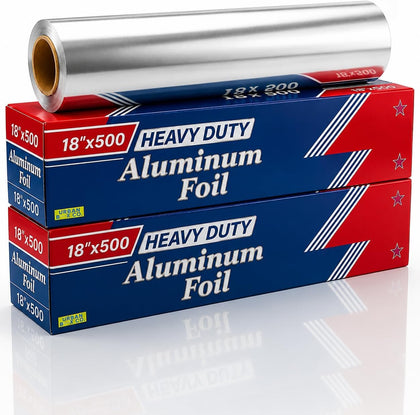 Heavy Duty Aluminum Foil Roll 18" x 500' (2 Pack) – 21 Micron Thick Commercial-Grade Foil Wrap with Easy-Cut Edge for