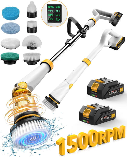 Electric Spin Scrubber Q2, 4000mAh Battery, 1500RPM High Power | Floor Scrubber Machine with Long Handle, Cordless