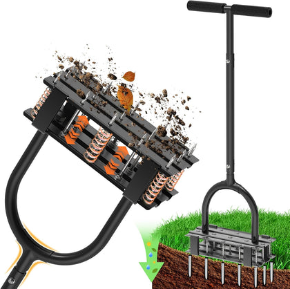Aerator Lawn Tool - 2-in-1 Reinforced Heavy Duty Manual Lawn Aerator with 15 Spikes, Automatic Dirt and Leaf Clean