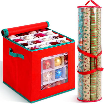 2 Pcs Christmas Ornament Storage Box with Dividers, Dual Zippers up to 3 Inch 64 Ornaments, 31 Inch Gift Wrapping