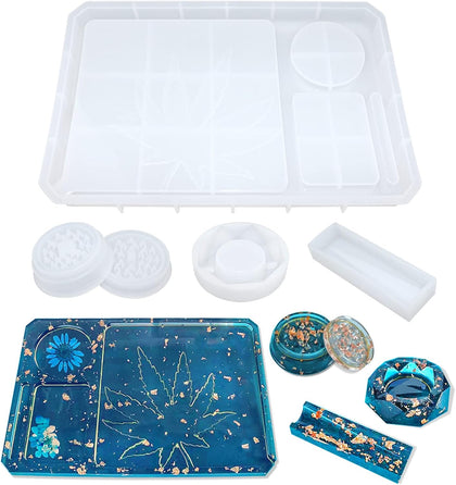 Silicone Resin Casting Molds Pack of 5 | Epoxy Resin Molds with Large Rolling Tray & Herb Grinder Mold for DIY Resin