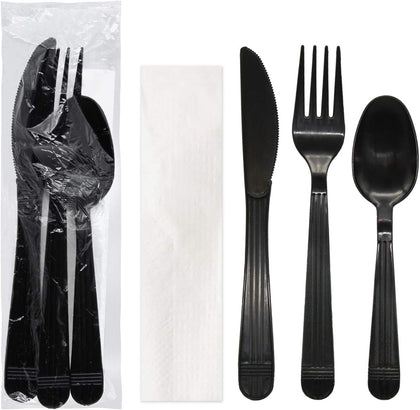 Individually Wrapped Heavy Duty Plastic Utensil Kits, 50 Sets for Party Catering, Fork/Spoon/Knife/Napkin, Black