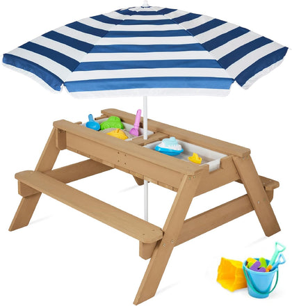 Kids Picnic Table with Umbrella, 3-in-1 Sand & Water Table, Outdoor Convertible Picnic Table for Toddlers, Seats 4