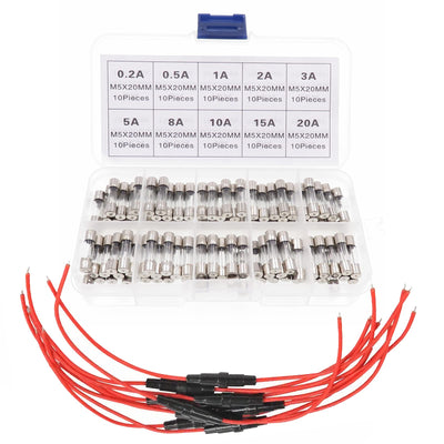 108PCS 5x20MM Inline Fuse Holder Screw Type with 16/18/20/22 AWG Wire(26CM) and Fast-Blow Glass Fuses Assorted Kit(Contain 0.2A 0.5A 1A 2A 3A 5A 8A 10A 15A 20A),0V-250V Universal Inline Fuse