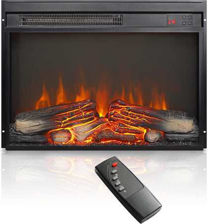 23" Electric Fireplace Insert with Real Fire Crackling Sound, Adjustable Flame & Thermostat, 1400W, 4 Adjustable
