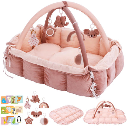 5-in-1 Baby Play Gym and Tummy Time Mat, 12 Learning Cards, Plush Activity Mat with 6 Toys, Baby Gym, Convertible to