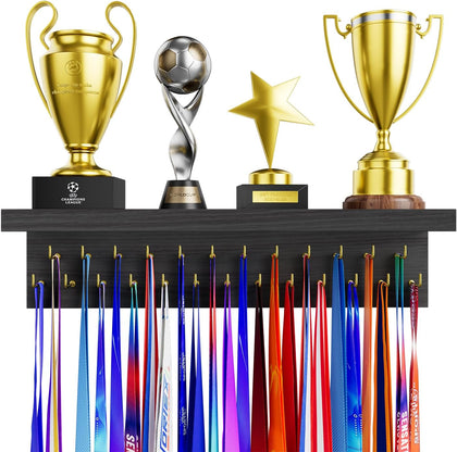 Medal Holder Display Trophy Shelf Organizer, Sturdy Wooden Race Award Hanger Rack with 25 Steel Hooks, Wall Mount