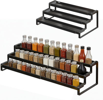 3 Tier Expandable Spice Rack Organizer, Heavy-Duty Black Metal Seasoning Organization Shelf for Cabinet, Kitchen &