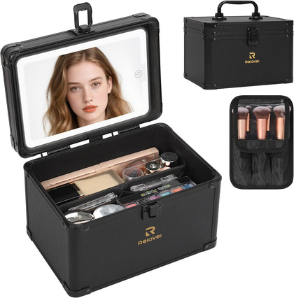 Makeup Bag with LED Mirror, Travel Cosmetic Train Case with 3 Colors Light up Mirror, Portable Makeup Aritst Storage