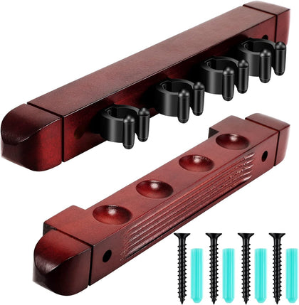2 Piece 4 Pool Cues Wood Wall Rack with Clips Wall Mounted Hardwood Billiard Pool Cue Rack Finish Hardwood Cue Sticks