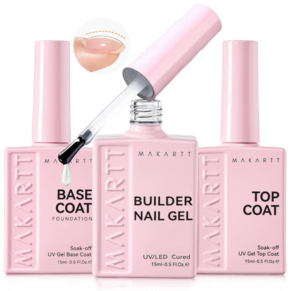 Builder Nail Gel with Top Coat Base Coat Kit 3 PCS 15ml | Long Lasting Diamond-Shine Finish No Wipe Clear Gel Polish