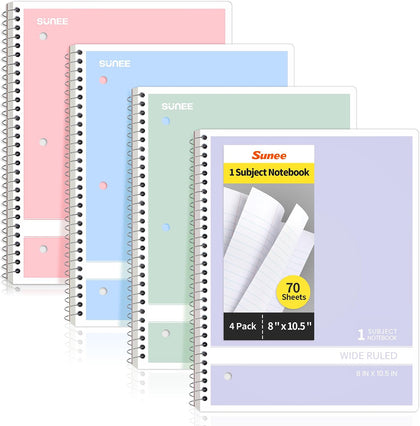 Spiral Notebooks Wide Ruled, 1-Subject, 4 Pack, 8 x 10-1/2 in, 70 Sheets, 3-Hole Punched 70gsm Paper, Pastel Pink