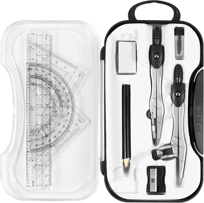 Geometry Sets 10 Pcs Student Supplies, Protractor and Compass (Black) | Shatterproof Storage