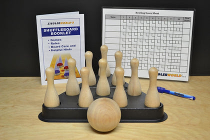 Table Shuffleboard Bowling Brown Pins - Pinsetter - Booklet - Score Chart & Wood Ball