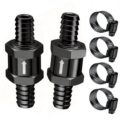 mxuteuk 2Pcs 3/8" 10mm Aluminium Black Non Return One Way Check Valve with 4Pcs 6-12mm Universal Adjustable Hose Clamps for Fuel Petrol Diesel Line Oil