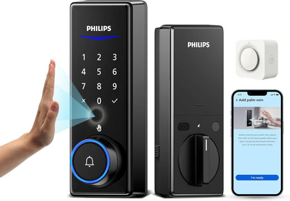 Philips Palm Vein WiFi Smart Lock, 2-in-1 Doorbell+Palm Vein Smart Locks for Front Door, APP Remote Control, Work