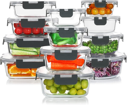 24 Pieces Glass Food Storage Containers Set, Meal Prep Containers, BPA-Free Airtight Glass Storage Containers with