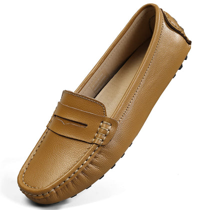Women's Classic Handsewn Brown Genuine Leather Penny Loafers Driving Moccasins Casual Boat Shoes Slip On Fashion