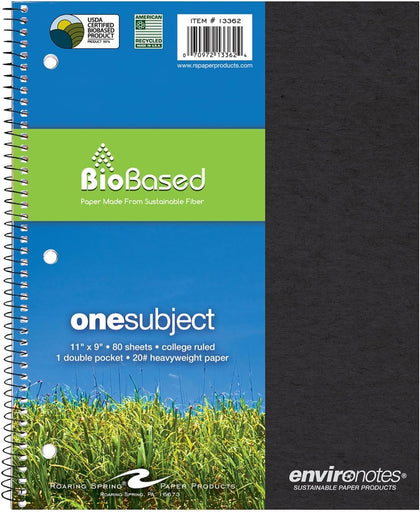 Environotes College Ruled Spiral Notebook, 1 Subject Recycled School Notebook with Storage Pocket, 11" x 9", 80