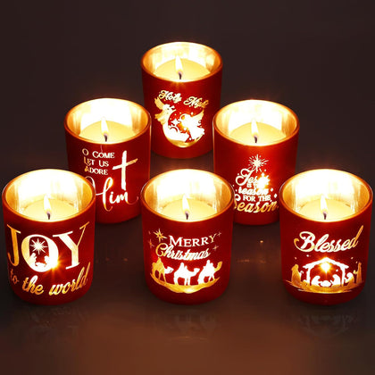 Set of 6 Christmas Nativity Votive Candle Holders with 10 Candles Advent Tealight Holders Red Christmas Glass