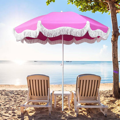 Waterproof Boho Patio Umbrella with Tassels UPF 50+ Table Umbrellas for Outside 6.56ft Sun Umbrella Beach W/Tilt