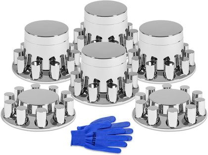 Axle Cover Chrome ABS Flat Top Combo Kit with 33mm Thread-on Lug Nut Covers 2 Front and 4 Rear Axle Wheel Covers and