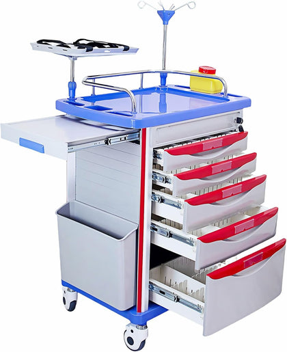 Crash Cart with Accessories Mobile Emergency Treatment Trolley with IV Pole, Cardiac Board, O₂ Tank Holder, Trash Bin