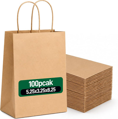 Small Brown Kraft Paper Gift Bags 100 Pack 5.25x3.25x8.25in with Handles,Recyclable Kraft Paper Bags Strong