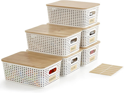 Small Plastic Storage Bins with Bamboo Lids 5.2qt Stackable Box Basket Pantry Decorative Containers Cute with Labels