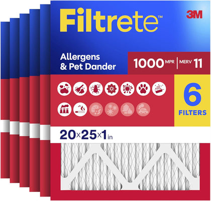 20x25x1 Air Filter, MERV 11, MPR 1000, Allergens and Pet Dander, 3-Month AC and Furnace Filters, Cleaner Air