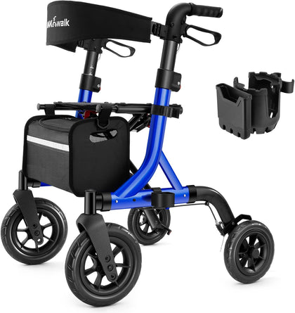Walkers for Seniors, Rollator Walker with Seat, 10" Rubber Wheels All Terrain Rollator Walker with Backrest, Aluminum