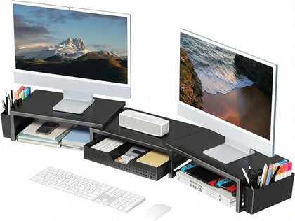 Desk Organizers and Accessories, Dual Monitor Stand Riser with Drawer and 2 Pen Holders, Desk Shelf Metal Computer