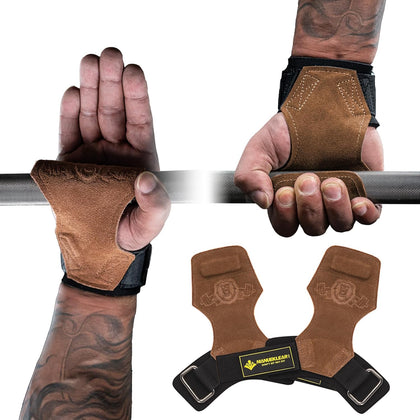 MANUEKLEAR Gym Straps Weight Lifting, Double Leather Lifting Straps for Men Deadlift with Cushion Wrist Loop, Gym