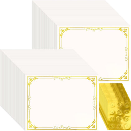 200 Sheet Gold Foil Award Certificate Paper Bulk 8.5 x 11 in for Printing Customizable Blank Cardstock Gold Border