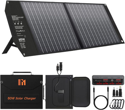 60W Portable Foldable Solar Panels Charger with USB-C USB-A MC4 DC | Fast Charging, USB-C PD3.0, USB-A QC3.0, 18V DC