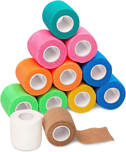 Self-Adhesive Medical Tape (2 inch) - Pack of 12 - Cohesive Bandage Wrap Rolls - Waterproof Athletic Tape - Self