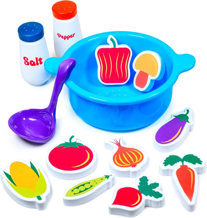 Tub Soup Scoop, Strain & Play Toddler Bath Toy | Floating Foam Veggies, Ladle for Scooping & Soup Pot for Straining |